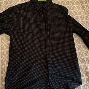 Black with blue dots button down shirt.